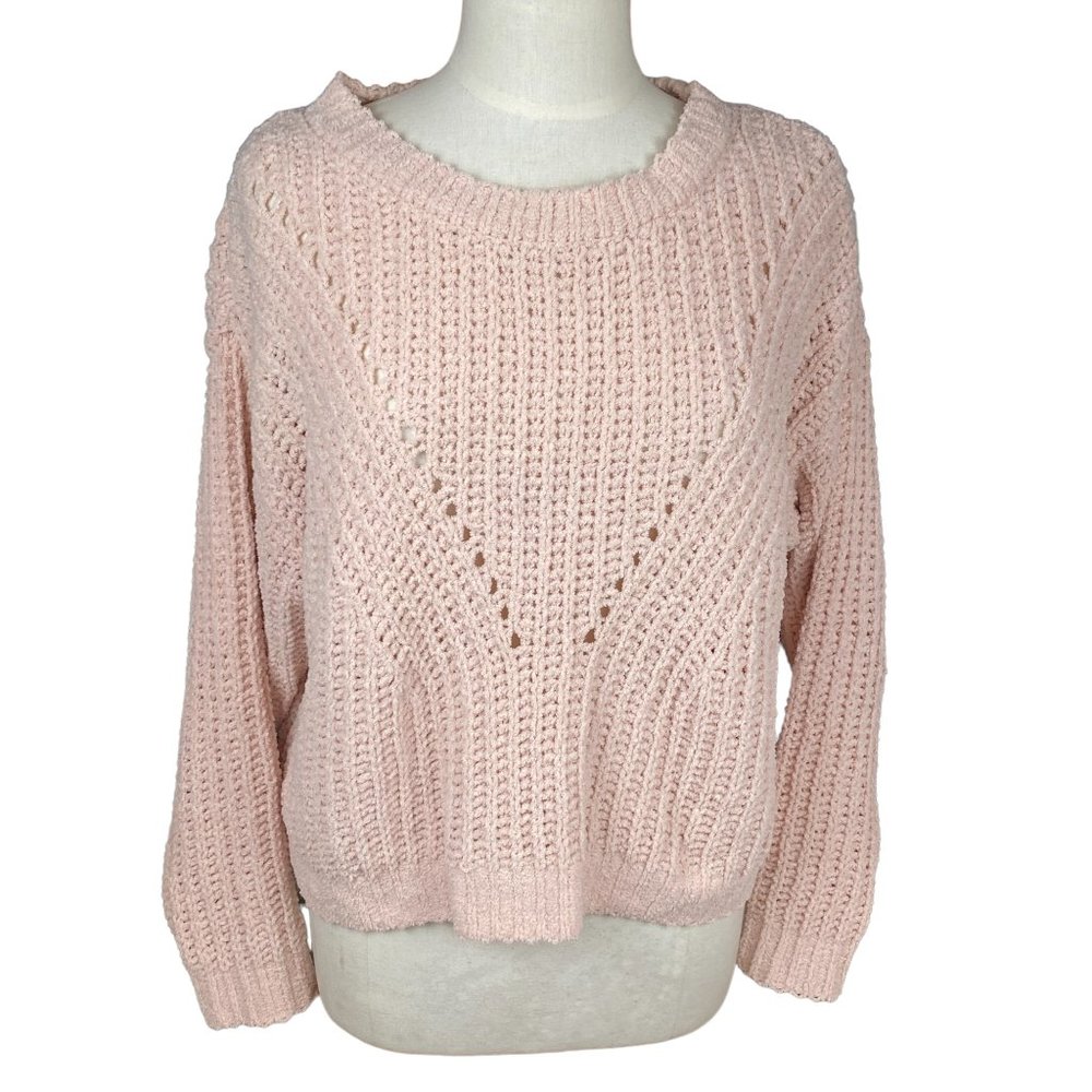 Love Tree Pastel Pink Pointelle Chunky Open Knit Sweater Chenille Chevron Y2K-S